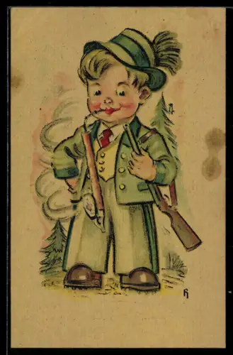 AK Kleiner Junge als Jäger mit Pfeife und Gewehr