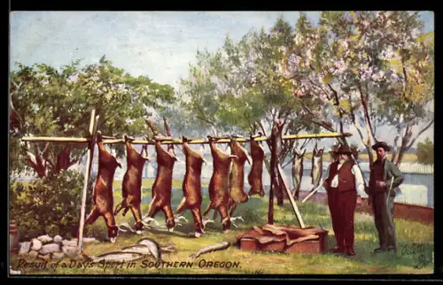 Künstler-AK Oregon, Jäger mit erlegtem Wild