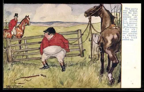 AK Jäger mit Pferden an einem Gatter
