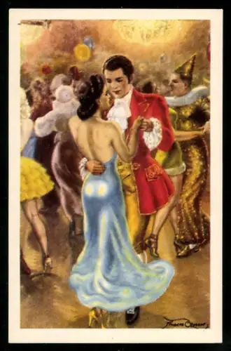 Mini-AK Tanzendes Paar auf einem Maskenball, Neujahrsgruss