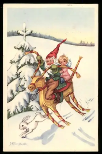 Mini-AK Zwerg und Engelchen reiten auf Strohtier durch den Schnee, Schneehase, Weihnachts- u. Neujahrsgruss