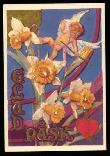Mini-AK Amor hat von einer Narzisse aus ein Herz durchbohrt, Ostergruss