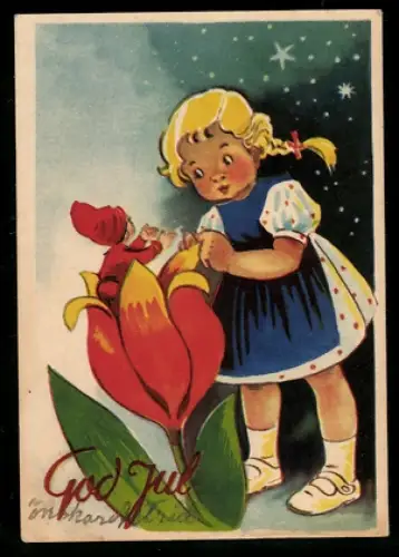 Mini-AK Kleines Mädchen entdeckt Wichtel in einer Tulpe, Weihnachtsgruss