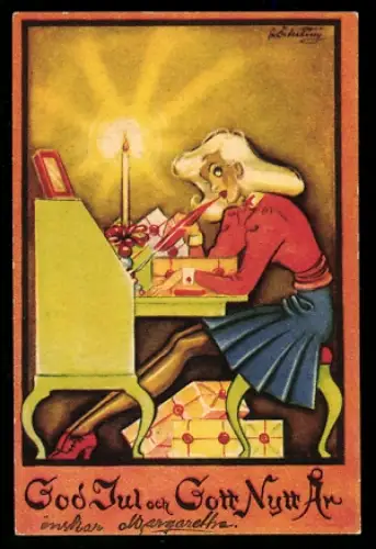 Mini-AK Junge Dame beim Beschriften von Geschenken, Weihnachts- u. Neujahrsgruss