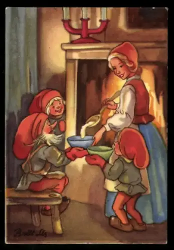 Mini-AK Drei Wichtel bekommen Brei am Feuer, Weihnachts- u. Neujahrsgruss