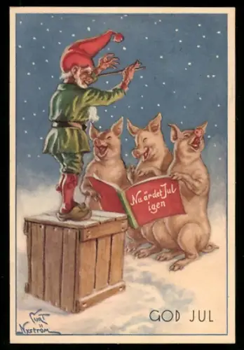 Mini-AK Zwerg dirigiert drei singende Schweine, Weihnachtsgruss