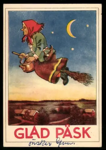 Mini-AK Hexe beim Flug auf dem Besen, Ortschaft, Mond, Ostergruss