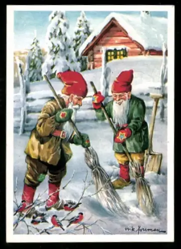 Mini-AK Zwei Zwerge beim Schneefegen, Weihnachts- u. Neujahrsgruss