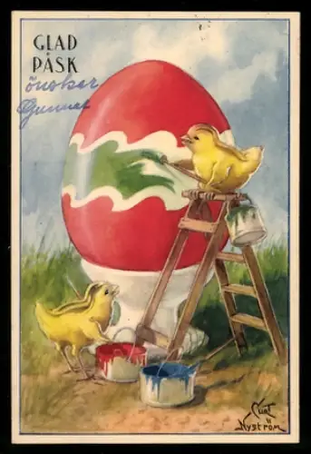 Künstler-Mini-AK Oster-Grüsse, Küken bemalen ein Osterei