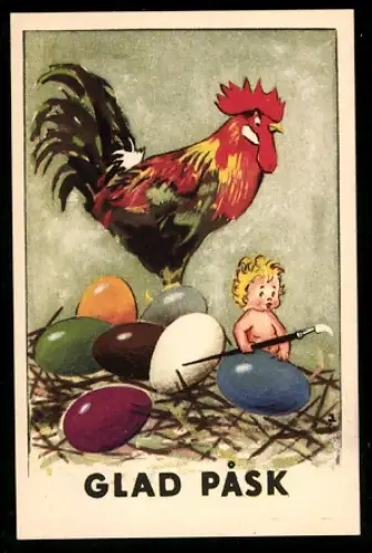 Mini-AK Hahn und Däumling mit Pinsel u. Ostereiern, Ostergruss