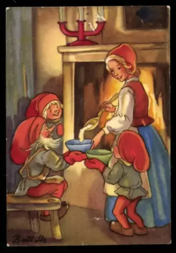 Mini-AK Drei Wichtel empfangen eine Breimahlzeit, Weihnachts- u. Neujahrsgruss