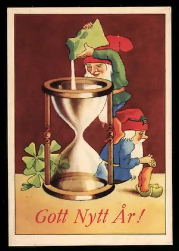 Mini-AK Wichtel schüttet Sand in ein Stundenglas, Glücksklee, Neujahrsgruss