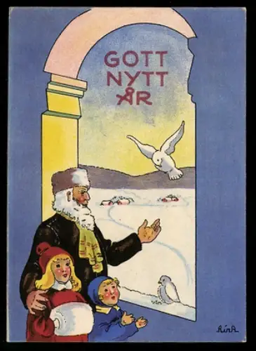 Mini-AK Bärtiger Mann und Kinderpaar füttern weisse Tauben, Neujahrsgruss