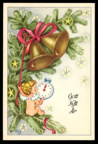 Mini-AK Kleiner Engel mit Uhr läutet Glocken, Tannenzweig, Sterne, Neujahrsgruss