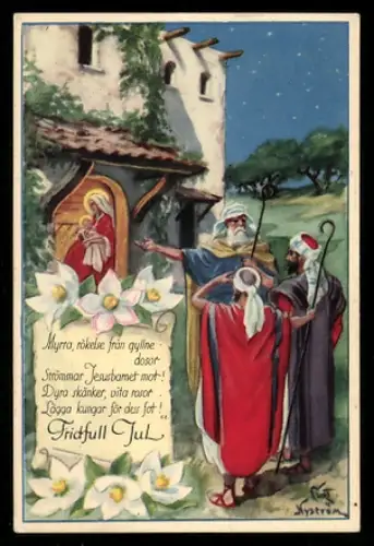 Mini-AK Die drei heiligen Könige vor dem Stall mit Krippe, Weihnachtsgruss