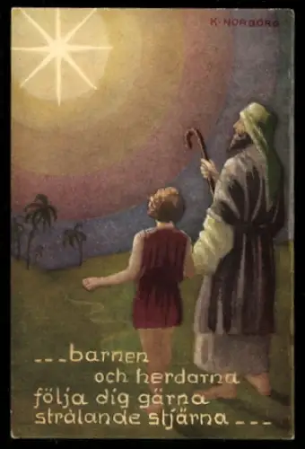 Mini-AK Hirte und Kind sehen den Weihnachtsstern von Bethlehem
