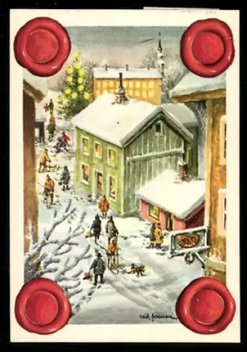 Mini-AK Schneebedeckte Strasse mit Lichterbaum, Siegel, Weihnachts- u. Neujahrsgruss