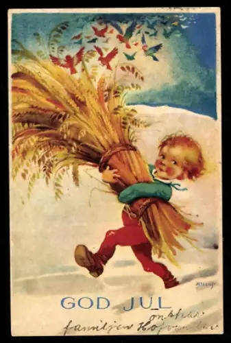 Mini-AK Kind mit Garbe als Weihnachtsgabe für die Vögel, Weihnachtsgruss