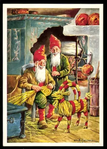 Mini-AK Zwerge mit sprechendem Strohbock am Weihnachtsabend, Weihnachtsgruss