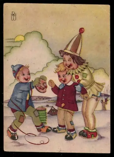 Mini-AK Kleiner Harlekin und Kinder mit Maske u. Lampion im Schnee