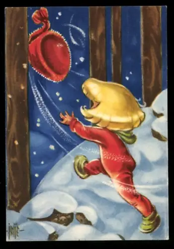 Mini-AK Kleines Mädchen im Schnee versucht davonwehende Mütze zu fangen, Weihnachtsgruss