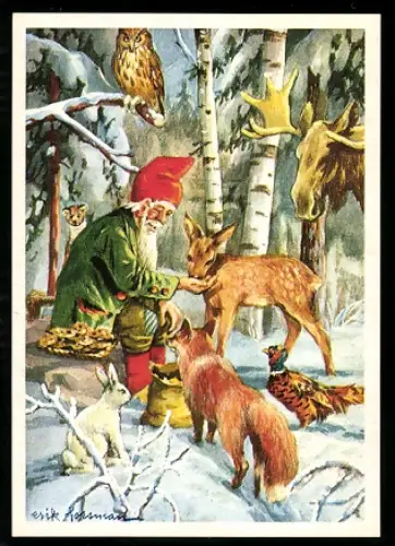 Mini-AK Zwerg beschert den Waldtieren Weihnachts-Leckereien, Weihnachts- u. Neujahrsgruss