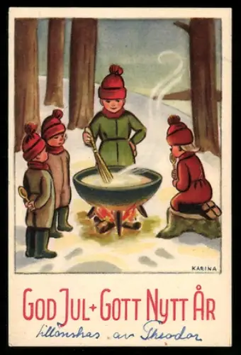 Mini-AK Kinder kochen Brei auf einem Feuer im Schnee, Weihnachts- u. Neujahrsgruss