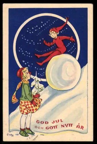 Mini-AK Wichtel auf Schneekugel rollt auf ein Mädchen zu, Weihnachts- u. Neujahrsgruss