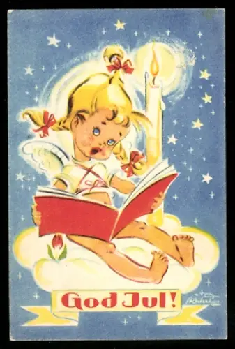 Mini-AK Kleiner Engel mit Buch u. Kerze auf einer Wolke, Weihnachtsgruss