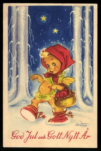 Mini-AK Kleiner Engel mit Kopftuch und Apfelkorb im nächtlichen Winterwald, Weihnachts- u. Neujahrsgruss