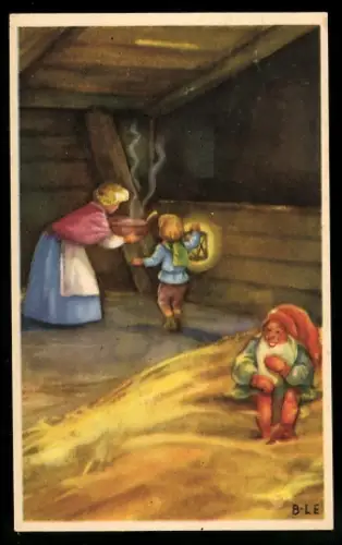 Mini-AK Kind mit Lampe bekommt Brei für Zwerg in der Scheune, Weihnachts- u. Neujahrsgruss
