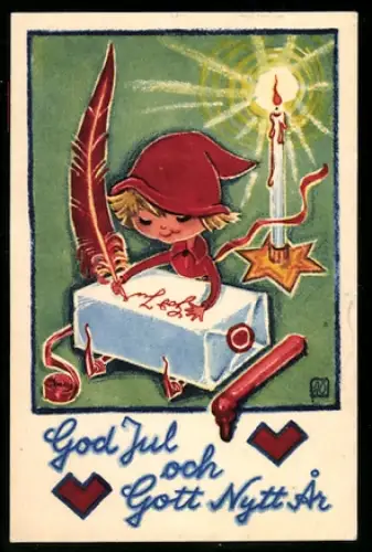 Mini-AK Wichtel beschriftet ein Geschenk im Kerzenlicht, Siegellack, Weihnachts- u. Neujahrsgruss