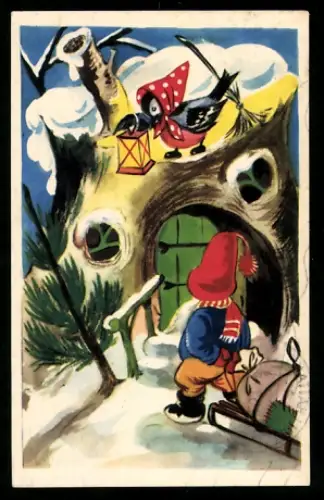 Mini-AK Zwerg mit beladenem Schlitten vor der Hütte, Vogel mit Lampe, Weihnachts- u. Neujahrsgruss