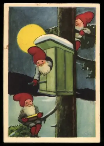 Mini-AK Drei Zwerge mit Breischale an einem Vogelhäuschen im Vollmond, Weihnachts- u. Neujahrsgruss