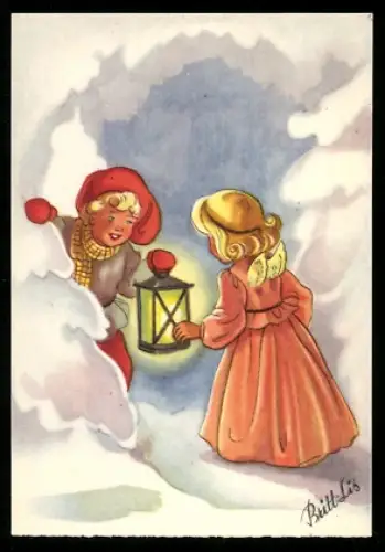 Mini-AK Kleines Wichtel- u. Elfenpaar mit Laterne in einer Schneehöhle, Weihnachts- u. Neujahrsgruss