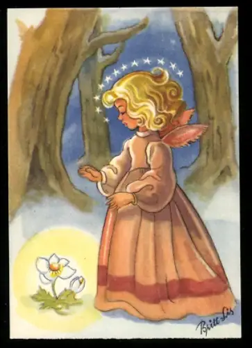 Mini-AK Elfe und leuchtende Christrose im Wald, Weihnachts- u. Neujahrsgruss