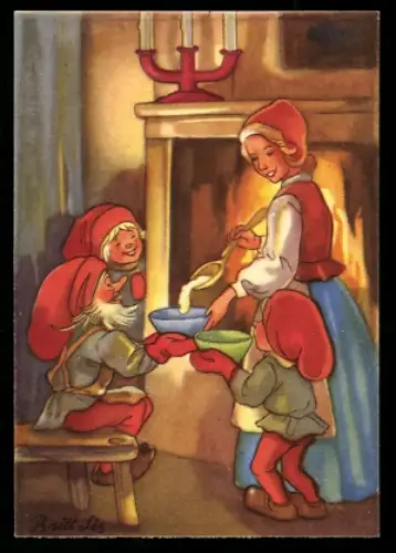Mini-AK Drei Wichtel freuen sich über ihren Brei am Feuer, Mädchen, Weihnachts- u. Neujahrsgruss