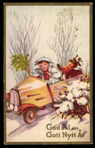 Mini-AK Kleiner Autofahrer mit grünen Zweigen und Hund unterwegs, Weihnachts- u. Neujahrsgruss