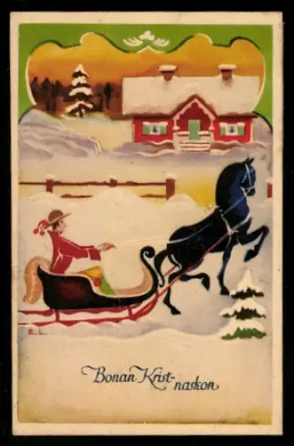 Mini-AK Pferdeschlittenfahrt vor einem Haus, Weihnachtsgruss