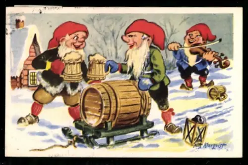 Mini-AK Drei Zwerge feiern mit Fassbier und Geige im Schnee, Weihnachts- u. Neujahrsgruss