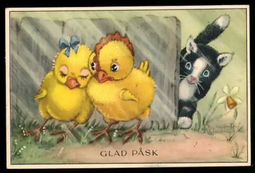 Mini-AK Osterkükenpaar, um die Ecke lugendes Kätzchen, Maiglöckchen, Narzisse, Ostergruss