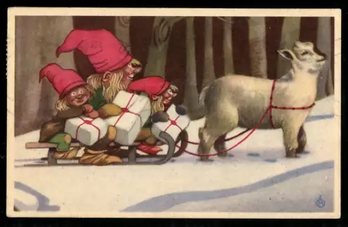 Mini-AK Trollfamilie mit Geschenken im von einem Zicklein gezogenen Schlitten, Weihnachts- u. Neujahrsgruss