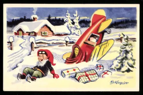 Mini-AK Wichtel neben abgestürztem Flugzeug u. Geschenkpaketen im Schnee, Weihnachts- u. Neujahrsgruss