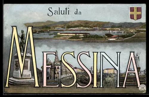 AK Messina, Panorama mit Wappen und Stadtname als grosser Schriftzug