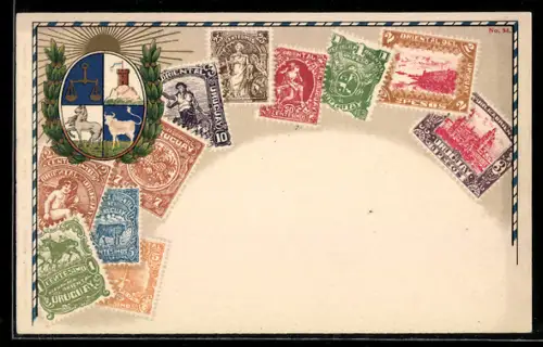 AK Uruguay, Wappen & versch. Briefmarken
