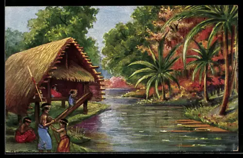 Künstler-AK sign.: Baumgarten: Neumecklenburg (Südsee), Eingeborene vor ihrer Hütte am Fluss