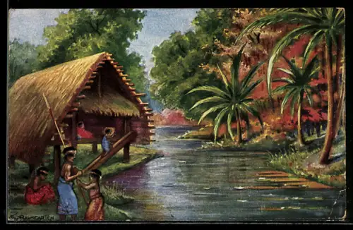 Künstler-AK Neumecklenburg, Landschaft mit Ureinwohnern