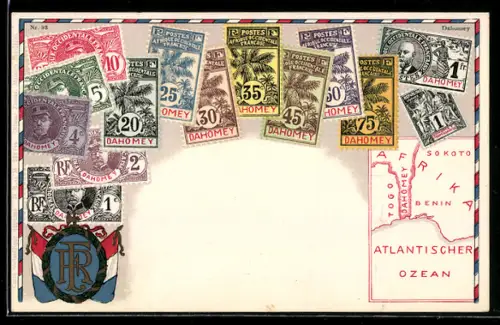 AK Briefmarken aus Dahomey mit Wappen