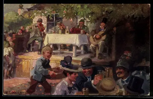 Künstler-AK F. Gareis: Beim Heurigen, Biergarten mit Musik