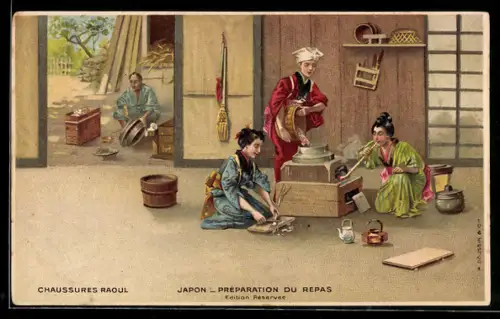 AK Japon, Préparation du Repas, Japan, Geishas bei der Essenszubereitung, Chaussures Raoul